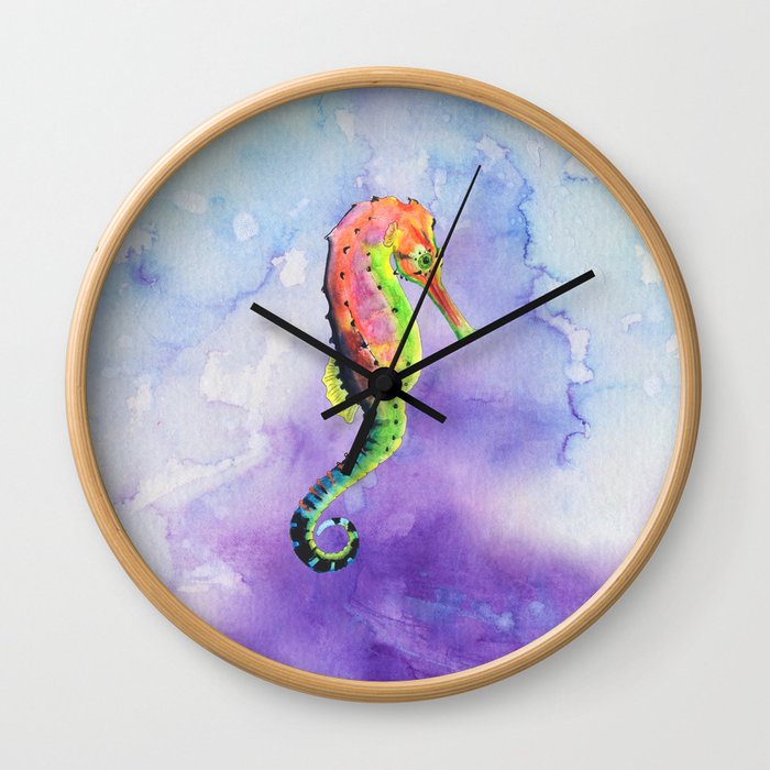 Colorful Watercolor Seahorse Wall Clock