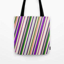 [ Thumbnail: Vibrant Dark Violet, Green, Dark Salmon, Beige, and Light Gray Colored Stripes/Lines Pattern Tote Bag ]