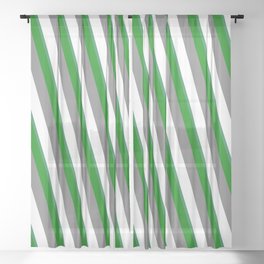 [ Thumbnail: Grey, White, Sea Green, and Green Colored Stripes/Lines Pattern Sheer Curtain ]