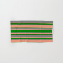 [ Thumbnail: Grey, Dark Salmon & Green Colored Lines Pattern Hand & Bath Towel ]