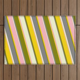 [ Thumbnail: Vibrant Light Pink, Yellow, Green, Gray, and Light Yellow Colored Stripes/Lines Pattern Outdoor Rug ]