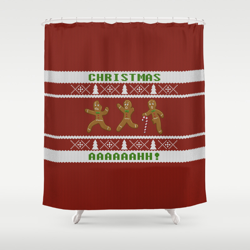 Ugly Christmas Sweater Scared Gingerbread Men Red Shower Curtain
