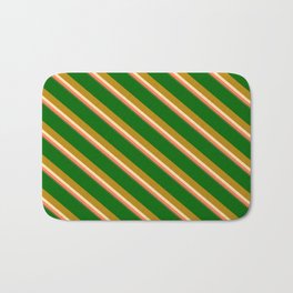 [ Thumbnail: Eyecatching Dark Green, Dark Goldenrod, Beige, Coral & Dark Olive Green Colored Lined Pattern Bath Mat ]