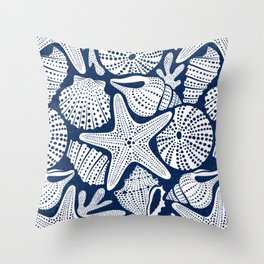 Ocean Floor Nautical Shells Navy Blue Throw Pillow