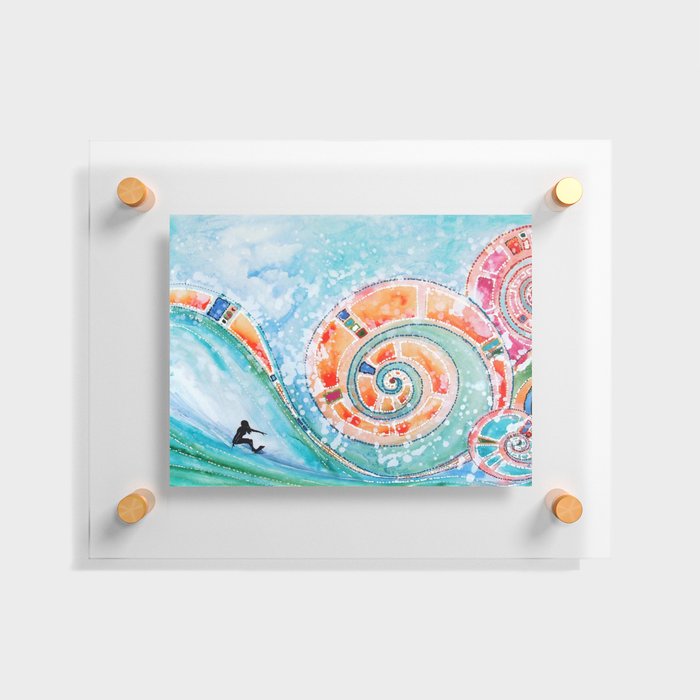 Wahine Surfing Big Rainbow Wave Floating Acrylic Print