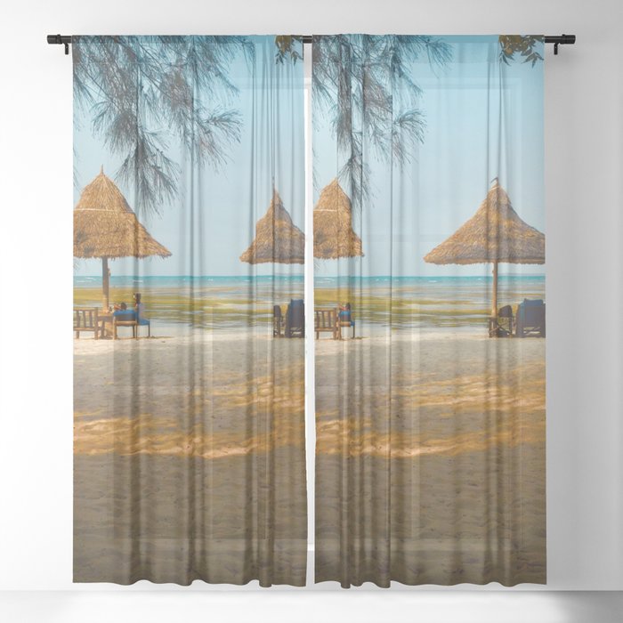 South Africa Photography - Beach With Straw Parasols Sheer Curtain