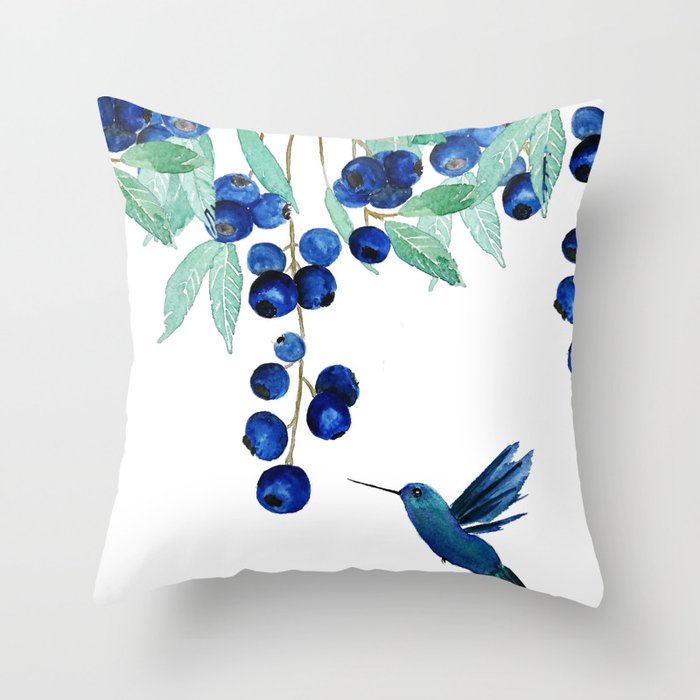 blueberry and humming bird Throw Pillow