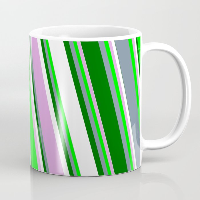 Vibrant Plum, Lime, Light Slate Gray, Dark Green & White Colored Lines/Stripes Pattern Coffee Mug