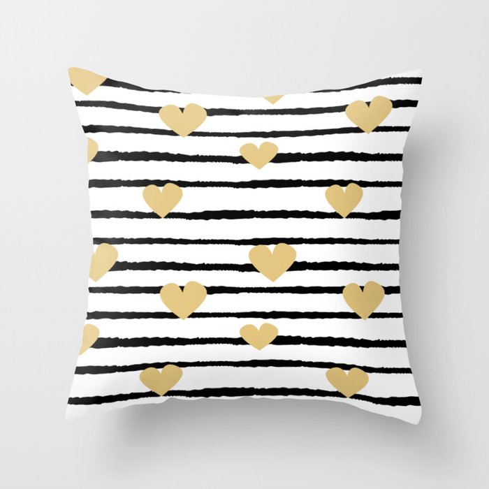 Cute Pattern With Hand Drawn Gold Hearts On Black And White Stripes Throw Pillow By Alicevacca Society6