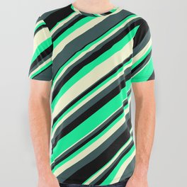 [ Thumbnail: Green, Light Yellow, Dark Slate Gray & Black Colored Lined/Striped Pattern All Over Graphic Tee ]