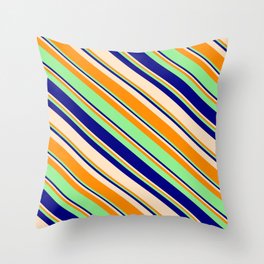 [ Thumbnail: Light Green, Blue, Bisque, and Dark Orange Colored Stripes/Lines Pattern Throw Pillow ]