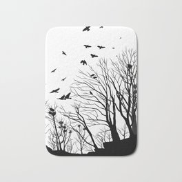 rooks and trees 1 Bath Mat | Crow, Black, Rooks, Graphicdesign, Forest, White, Silhouette, Monochrome, Winter, Outline 