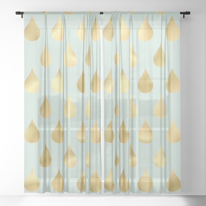 Golden Yellow Raindrops On Sage Green Background Sheer Curtain By