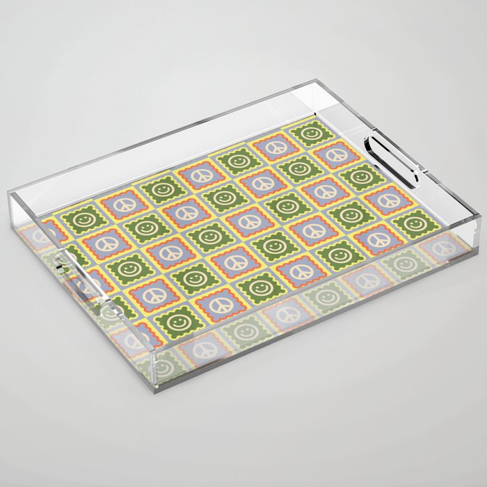Funky Checkered Smileys and Peace Symbol Pattern \\ Multicolor Acrylic Tray