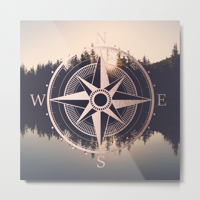 Rose Gold Compass Forest Metal Print