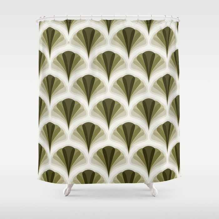 Olive Green And Ivory Retro Peacock Design Pattern Shower Curtain