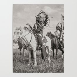 Native American Photo, American Indian, Indigenous Americans, Sioux Chiefs, Wearing Headdress on Horses, Large Black White Photograph, 1905 Poster