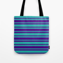 [ Thumbnail: Light Sea Green & Indigo Colored Stripes Pattern Tote Bag ]
