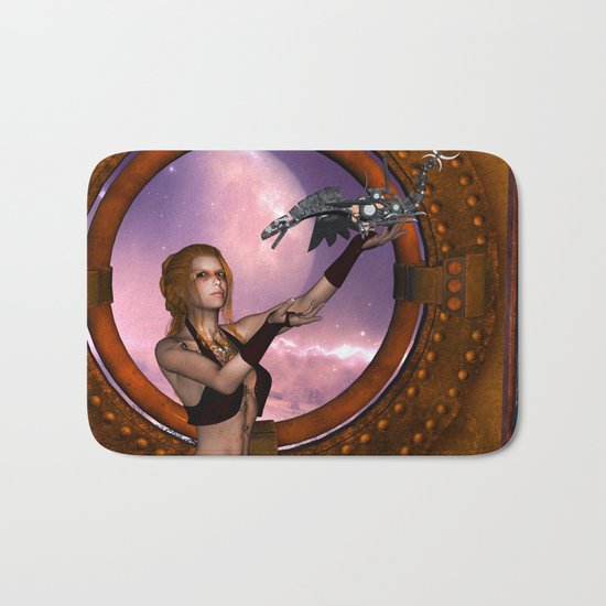 Wonderful steampunk lady with steam dragon Bath Mat