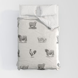 Farm Animals Black & White | Minimal Vintage Illustration | Line Art Sketch Sheep, Pigs & Rooster Comforter