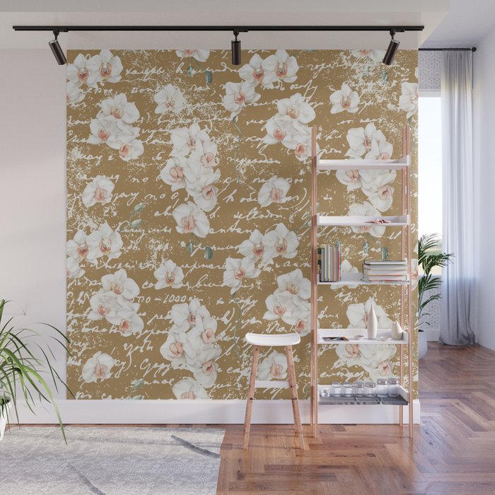 Watercolor White Orchids Flowers on Gold Wall Mural