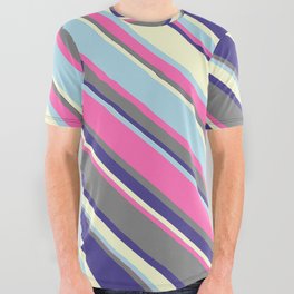 [ Thumbnail: Colorful Hot Pink, Gray, Dark Slate Blue, Light Yellow, and Light Blue Colored Stripes/Lines Pattern All Over Graphic Tee ]