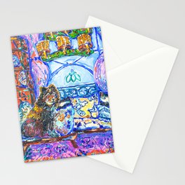 Matisse inspired Dog sitting on a cozy bench in a colourful interior.Drapery, patterned curtains , vintage lamp, window , cozy pillows Stationery Card