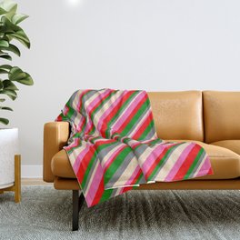 [ Thumbnail: Eye-catching Gray, Bisque, Hot Pink, Red & Green Colored Lines/Stripes Pattern Throw Blanket ]