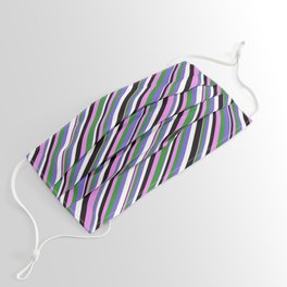 [ Thumbnail: Violet, Forest Green, Slate Blue, White & Black Colored Pattern of Stripes Face Mask ]