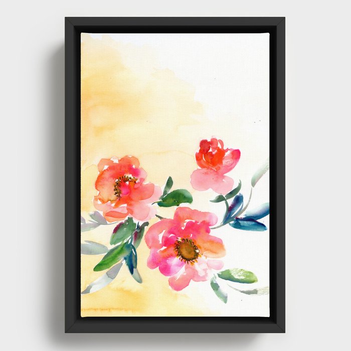 three red peonies, yellow background Framed Canvas