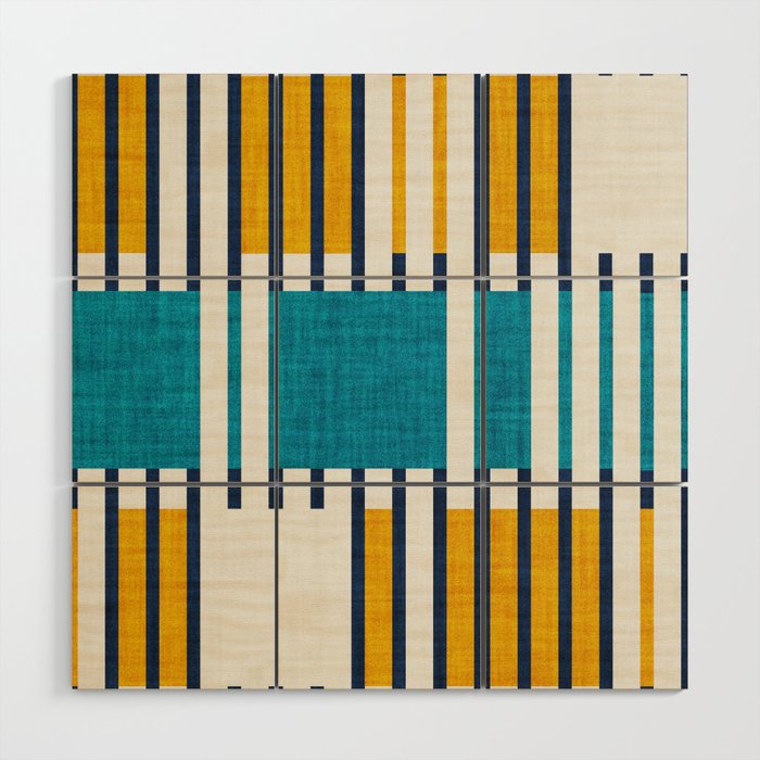 Bold minimalist retro stripes // midnight blue goldenrod yellow and teal blue geometric grid  Wood Wall Art