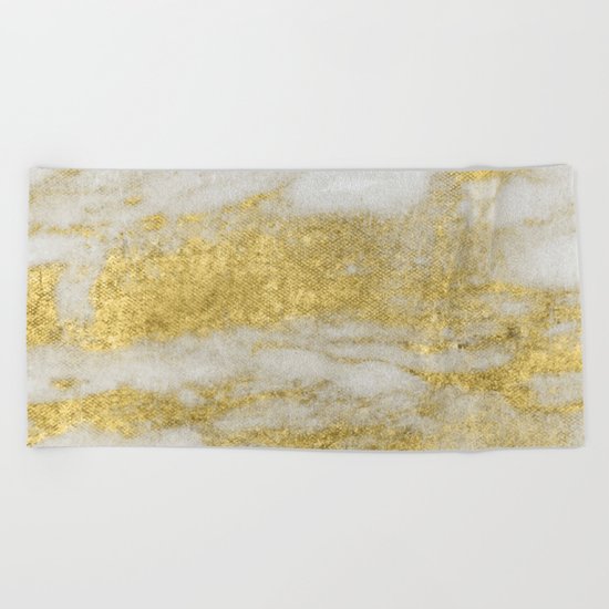 Marble - Glittery Gold Marble and White Pattern Beach Towel