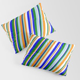 [ Thumbnail: Eye-catching Light Blue, Dark Orange, White, Blue & Green Colored Lined/Striped Pattern Pillow Sham ]