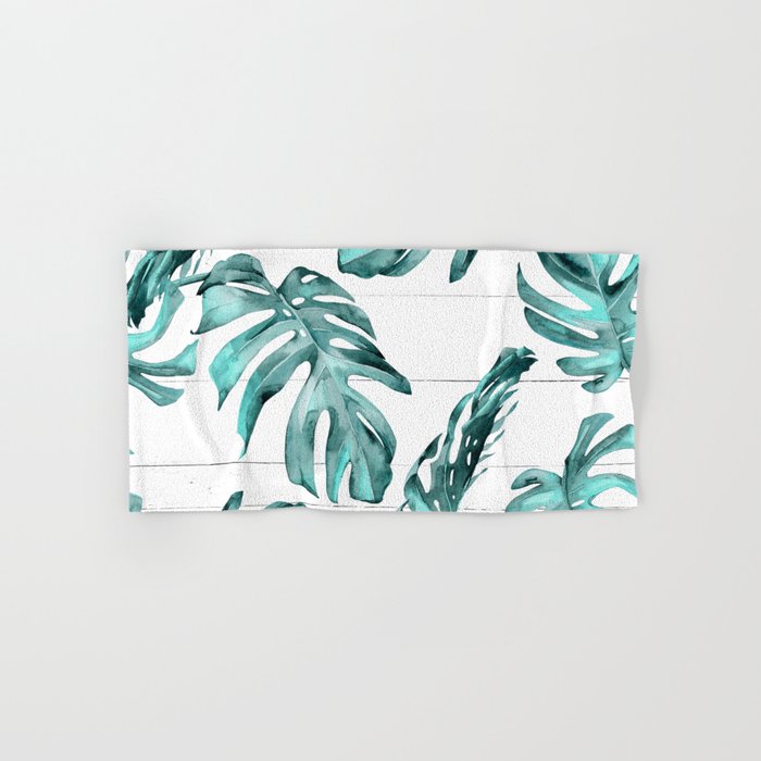 Turquoise Palm Leaves on White Wood Hand & Bath Towel
