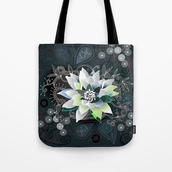 Dark blue and black zentangle inspired waterlily Tote Bag