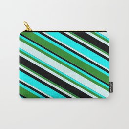 [ Thumbnail: Aqua, Forest Green, Light Cyan, and Black Colored Lines/Stripes Pattern Carry-All Pouch ]
