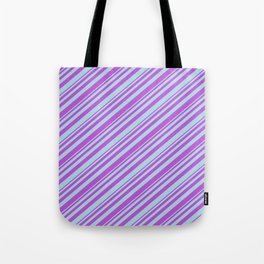 [ Thumbnail: Orchid and Light Blue Colored Lined Pattern Tote Bag ]