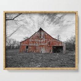 Worn Paint - Rustic Red Barn Against Black and White Landscape on Early Spring Day in Missouri Serving Tray