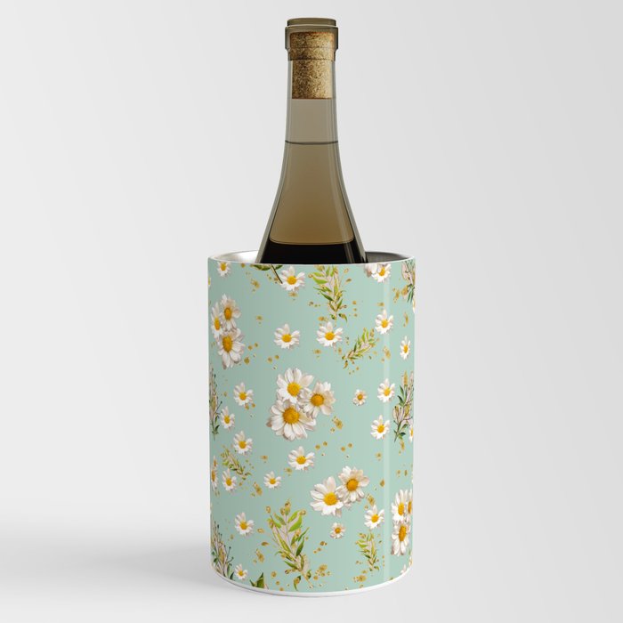 White Daisies Floral Pattern Seamless Sage Olive Green Wine Chiller