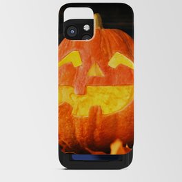 Halloween Pumpkin with Leaves on Wooden Background iPhone Card Case