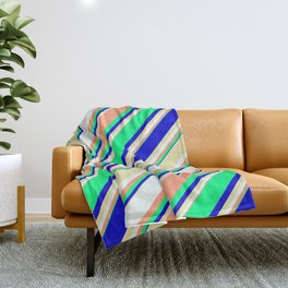 [ Thumbnail: Eyecatching Light Salmon, Green, Blue, Pale Goldenrod, and Mint Cream Colored Lines Pattern Throw Blanket ]