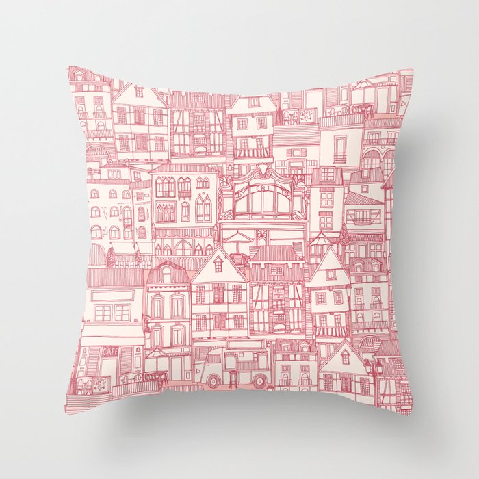 cafe buildings pink Throw Pillow