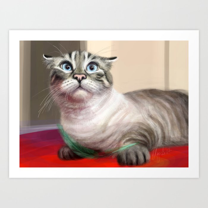Cat Surprised Funny Animals with Feather Siamese Lynx-Point Art Print