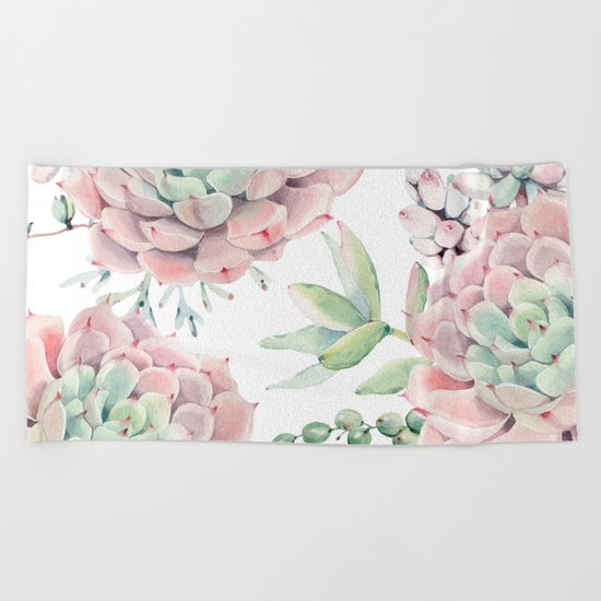 Pink Succulents by Nature Magick Beach Towel