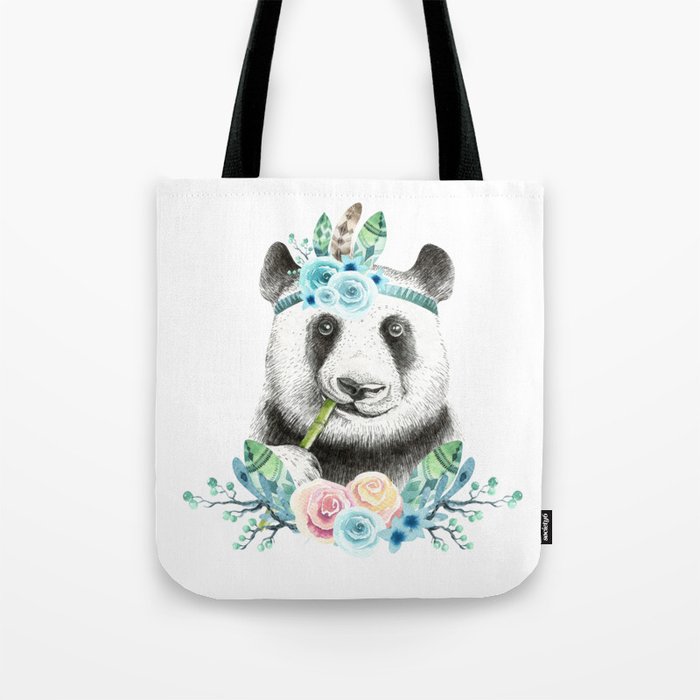 Watercolor Floral Spray Boho Panda Tote Bag