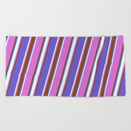 [ Thumbnail: Orchid, Brown, Slate Blue, and Light Cyan Colored Stripes Pattern Beach Towel ]