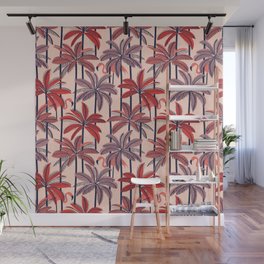 Retro vacation mode // rose background neon red orange shade coral and dry rose palm trees oxford navy blue lines coral flamingos Wall Mural