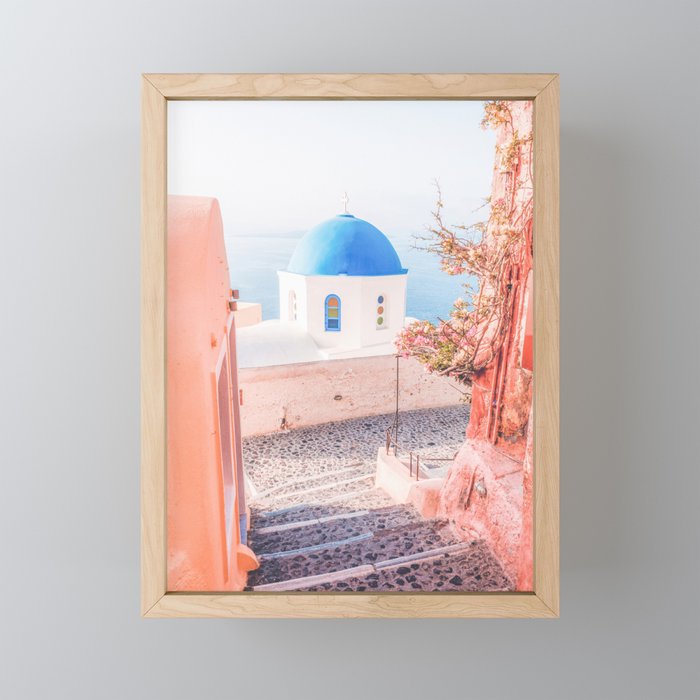 Santorini Greece Pink Old Street Travel photography Framed Mini Art Print