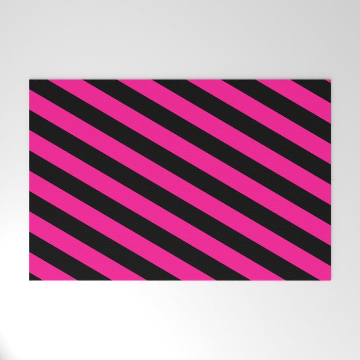 Black and Deep Pink Colored Lines/Stripes Pattern Welcome Mat