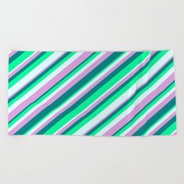 [ Thumbnail: Plum, Teal, Green & Light Cyan Colored Striped Pattern Beach Towel ]